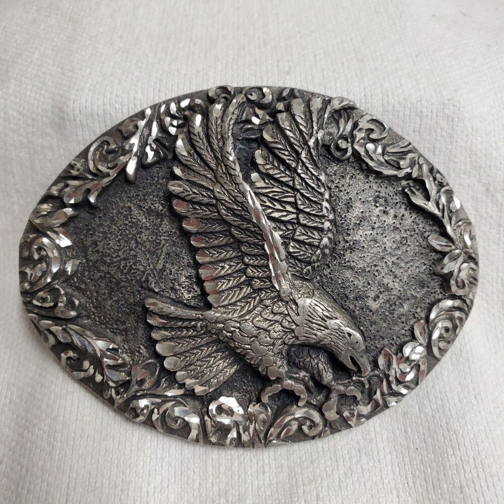 Vintage EJC 93 1993 Eagle Flying Diving Bird Trees Belt Buckle, USA, Diamond Cut
